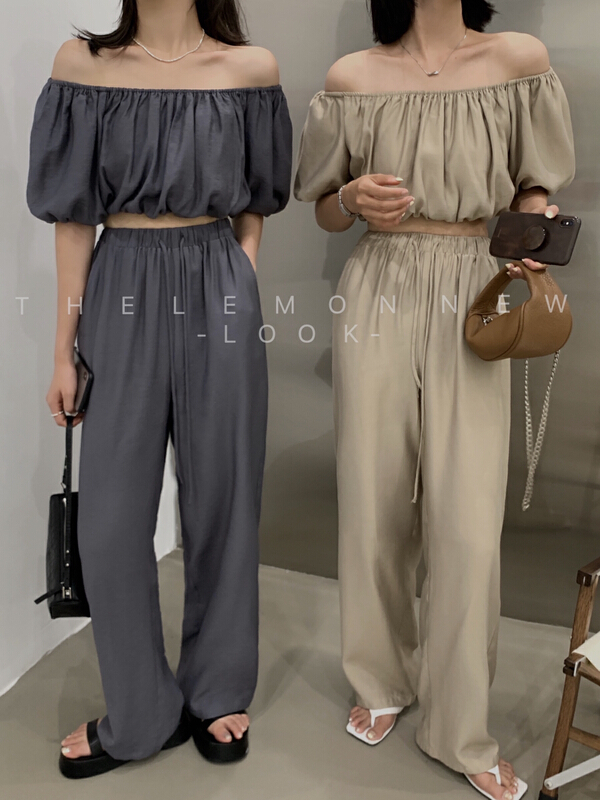 [lemon green tea] French one-line collar short shirt + solid color elastic waist casual pants two-piece suit 2218\hjy