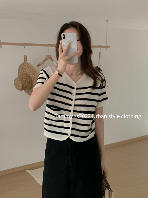 [Tammy] V-neck striped Beaded cool silk blouse 91183\l