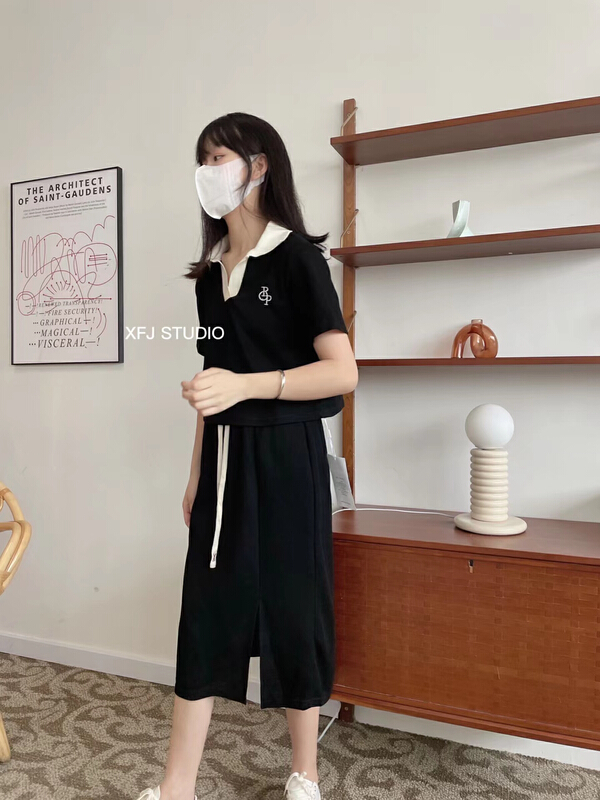 [Xiaofan family] letter embroidery fashion short sleeve T-shirt + high waist skirt set 8293\lsw