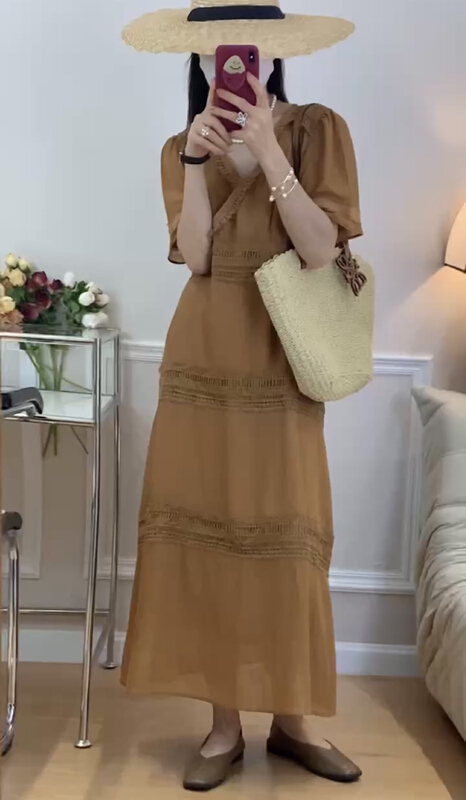 [Zoe Zoe] Korean V-neck lace patchwork dress c921\zjy
