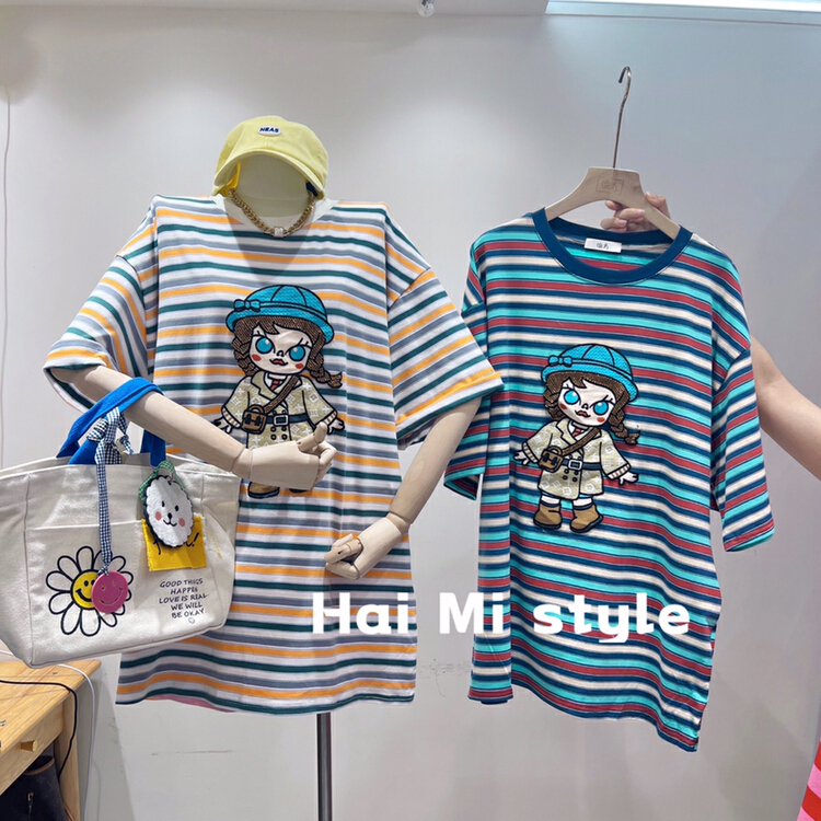 [Haimi] Korean version craft short sleeve T-shirt with embroidered cloth 1908\wtt