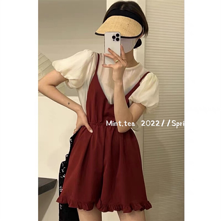 [mint tea] simple solid color suspender skirt + fashionable and versatile Lantern Sleeve Top Set 22698\zjy