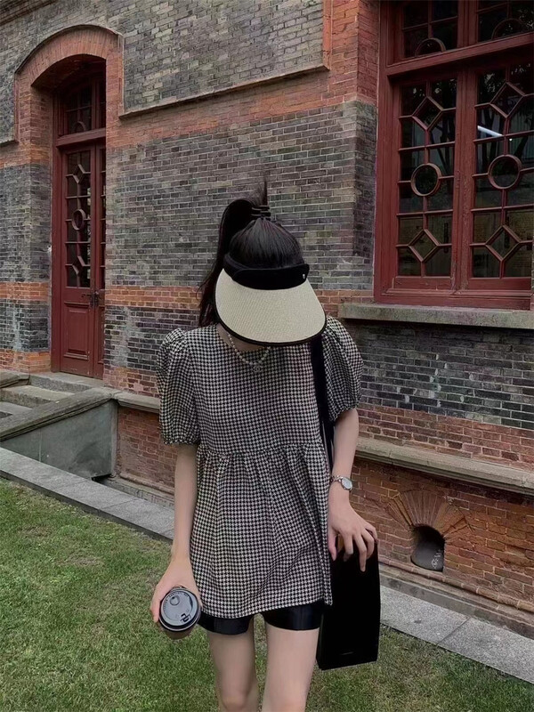[Korean C family] Korean Plaid loose bubble sleeve shirt 6505\pcz