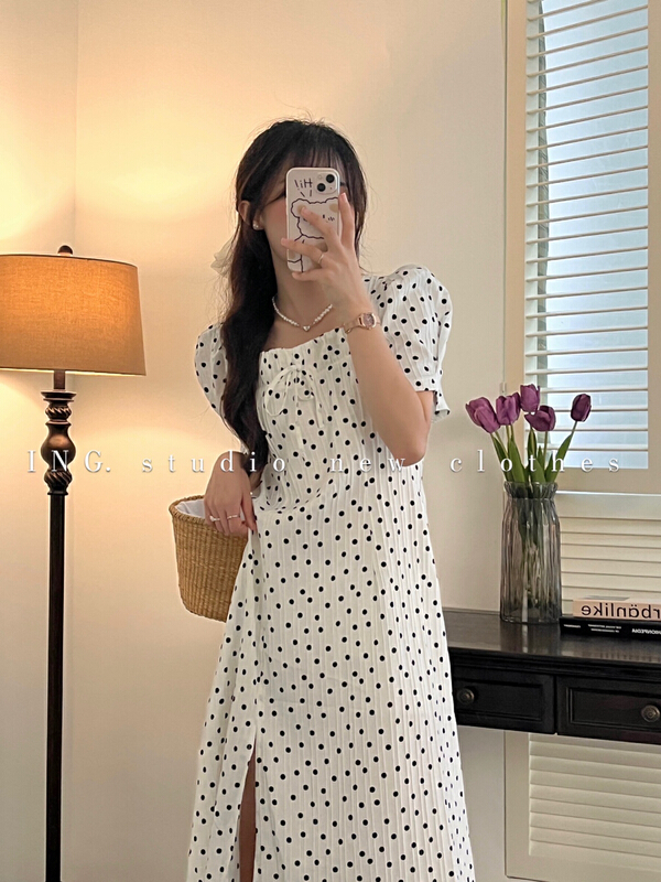 [ing] French drawstring lace up polka dot print dress 7882