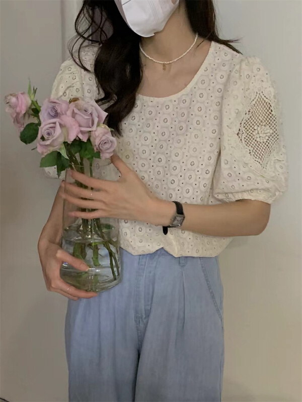 [Sicily] super heavy industry lace sleeve hollowed out shirt 3215\xj