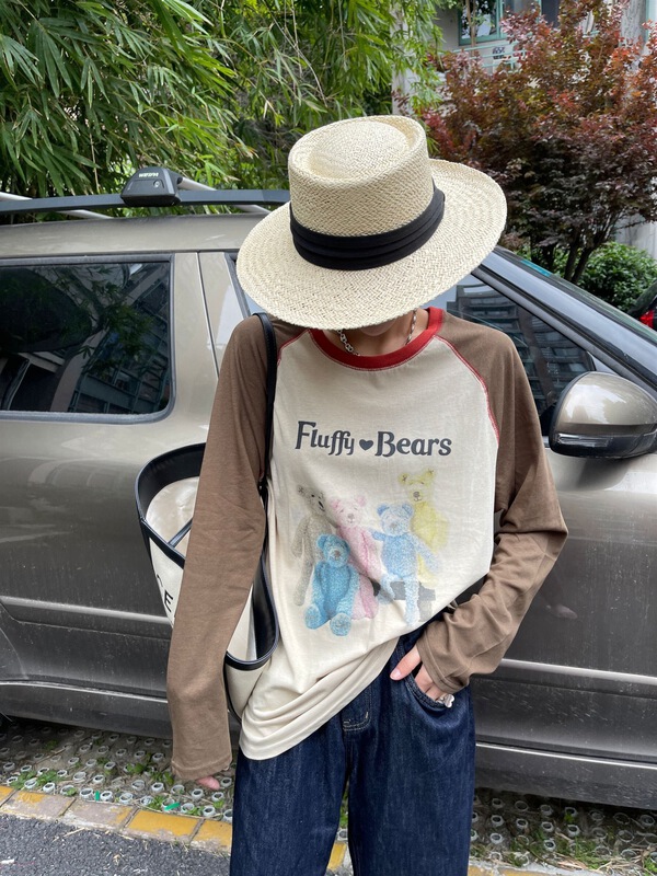 [seven 7] round neck contrast color bear print loose sunscreen shirt 82100\wtt