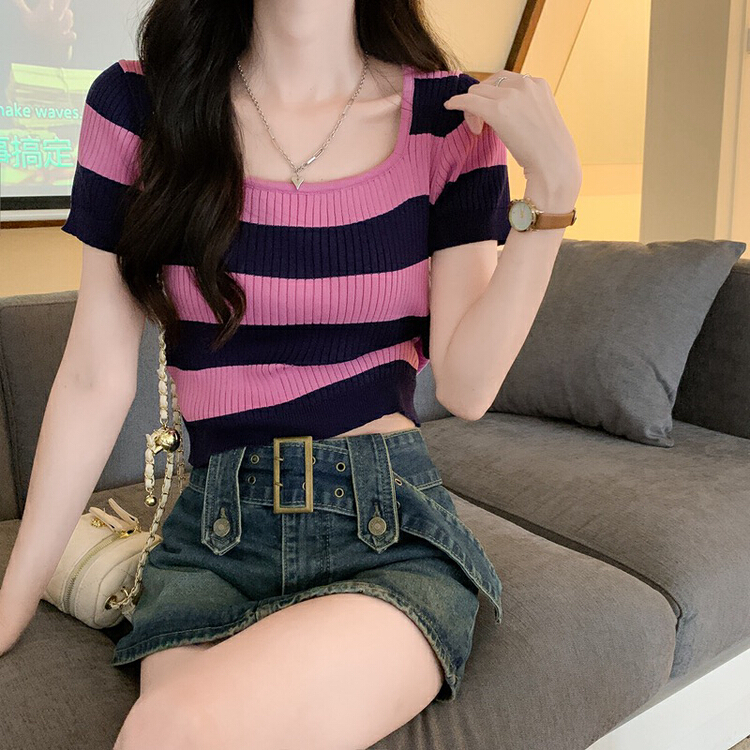 [f · P] design fit short sleeve contrast stripe square neck T-shirt a067\hbx