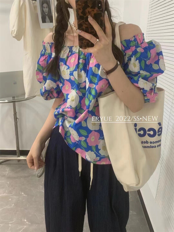 [feeding] Korean version floral one line collar bubble sleeve shirt 3388-j7\cls