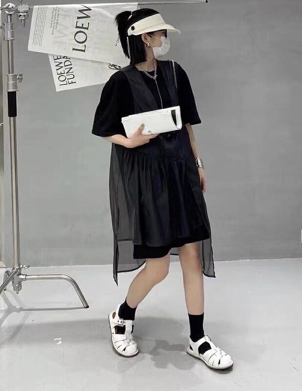 [JH] net red solid color Lantern Sleeve Dress + overlay design vest skirt suit 41973\pcz