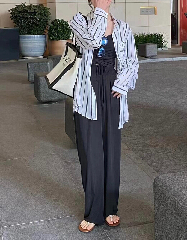 [JH] net red stripe sunscreen shirt + drawstring sling + slim casual pants set 41969\pcz