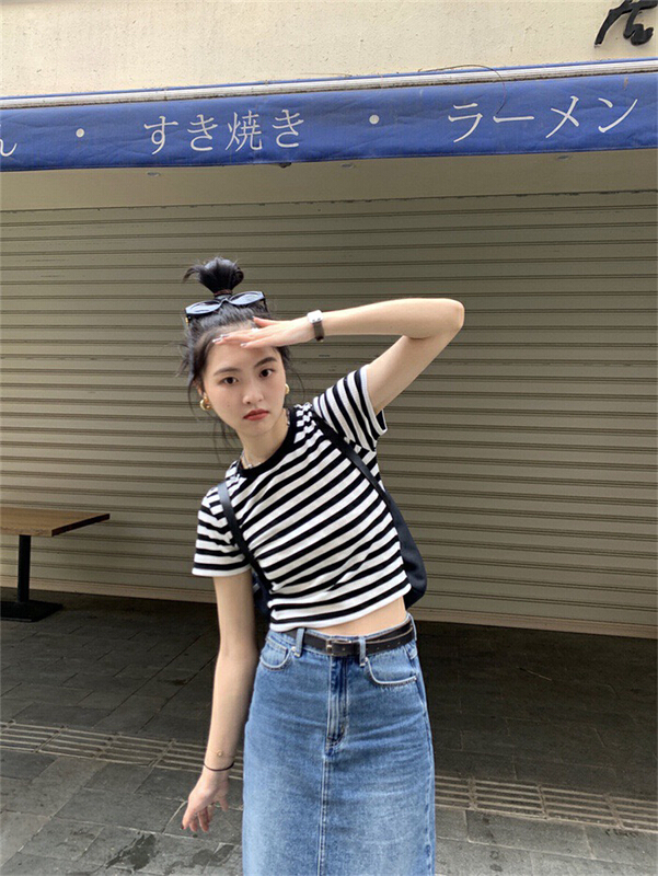 [wgwe] stripe fashion versatile short sleeve T-shirt 1845\pcz