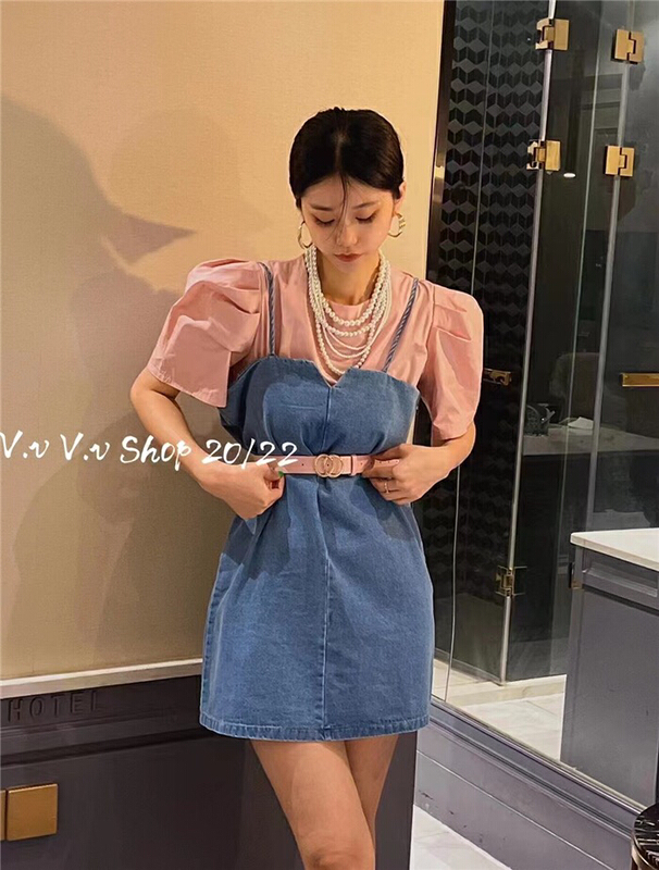 [Julia] simple sweet blouse + versatile suspender Denim Skirt Set (with belt) 992\pcz