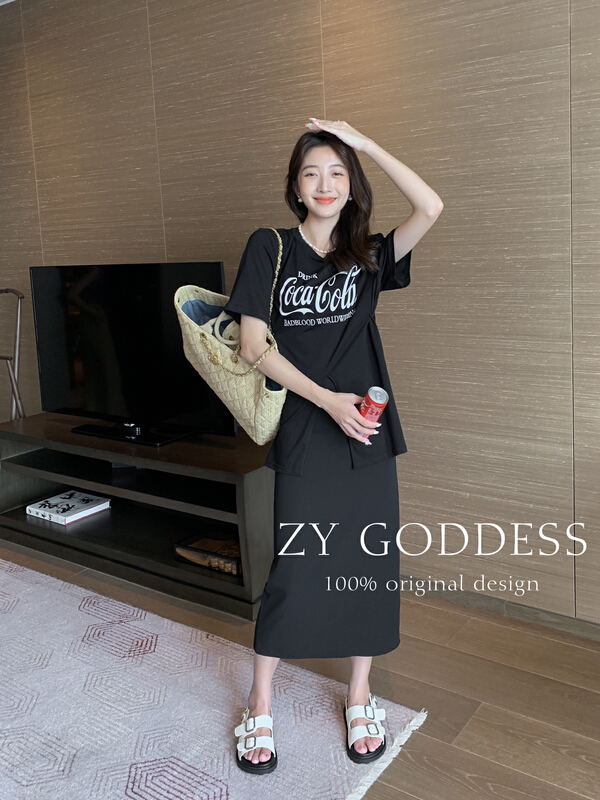 【 ZY 】 multi wearing method slit shoulder pad retro short sleeve T-shirt fashion print 68581
