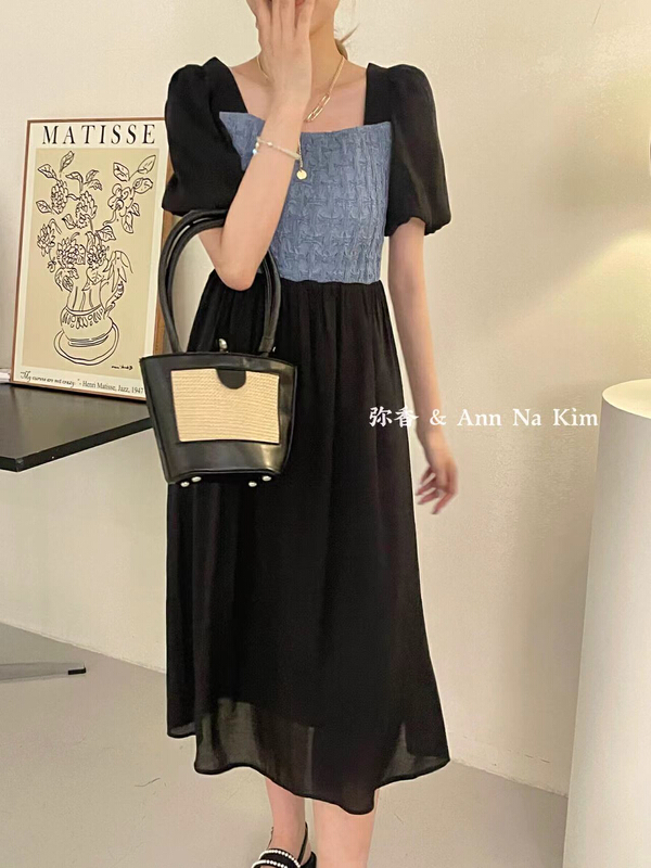 [Mi Xiang] patchwork design chest elastic slim dress 5395\hjy