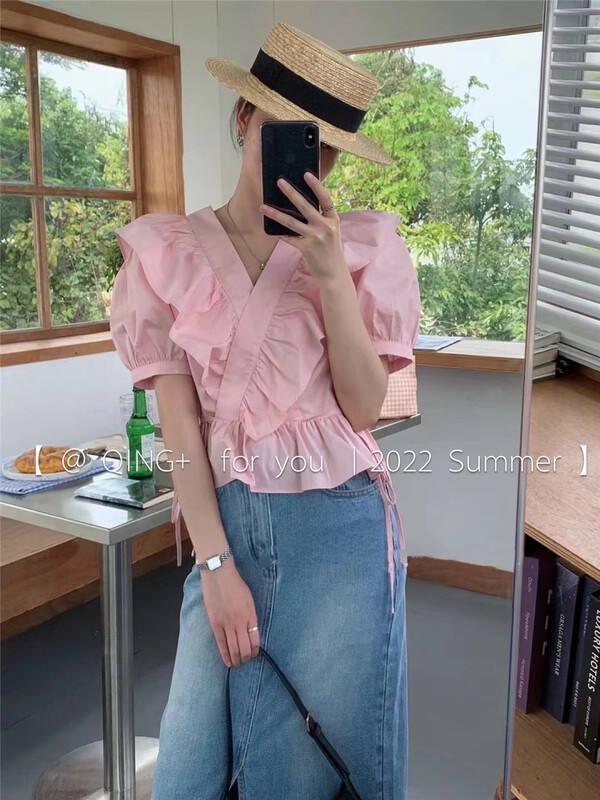 [Qingqing family] simple pure color lotus leaf collar Tie Shirt 2070\xyy