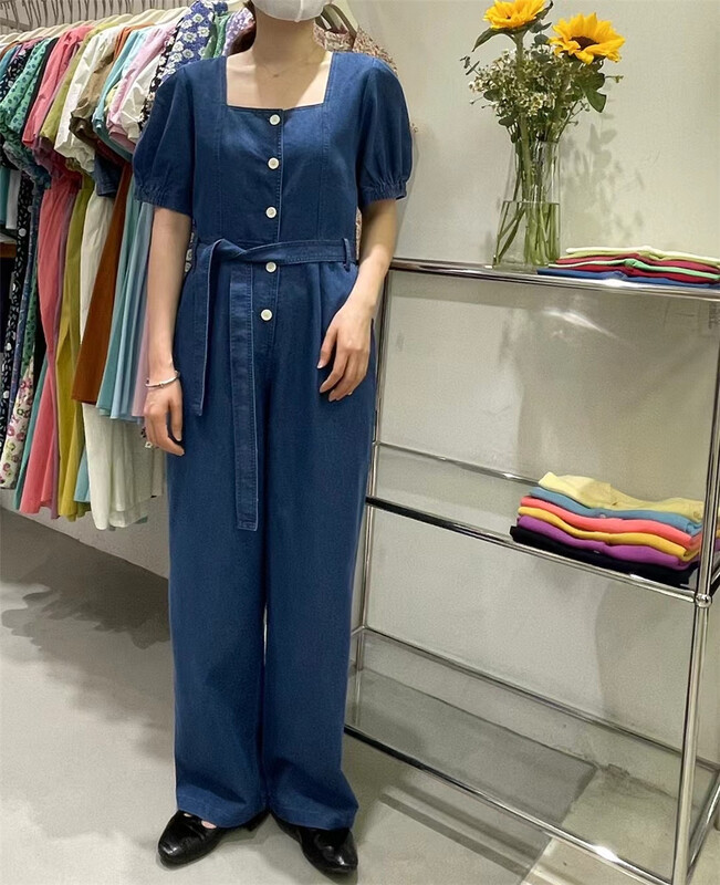 [feeding] Korean style fashion temperament square neck denim Jumpsuit (with belt) 7817-k7\cls