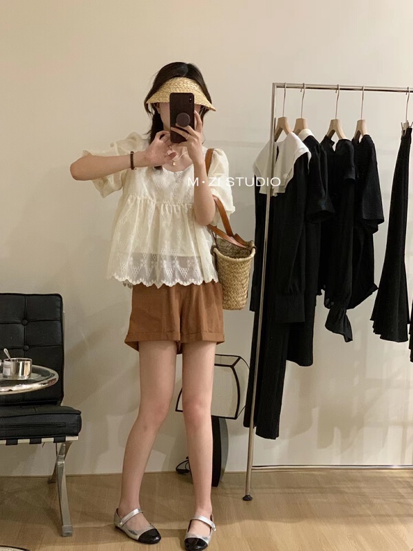 [m.zi studio] square neck embroidered small fresh shirt 5889\hbx