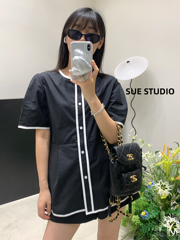 [Sue studio] color blocked waist Mid Size Round Neck Shirt 22306\zjy