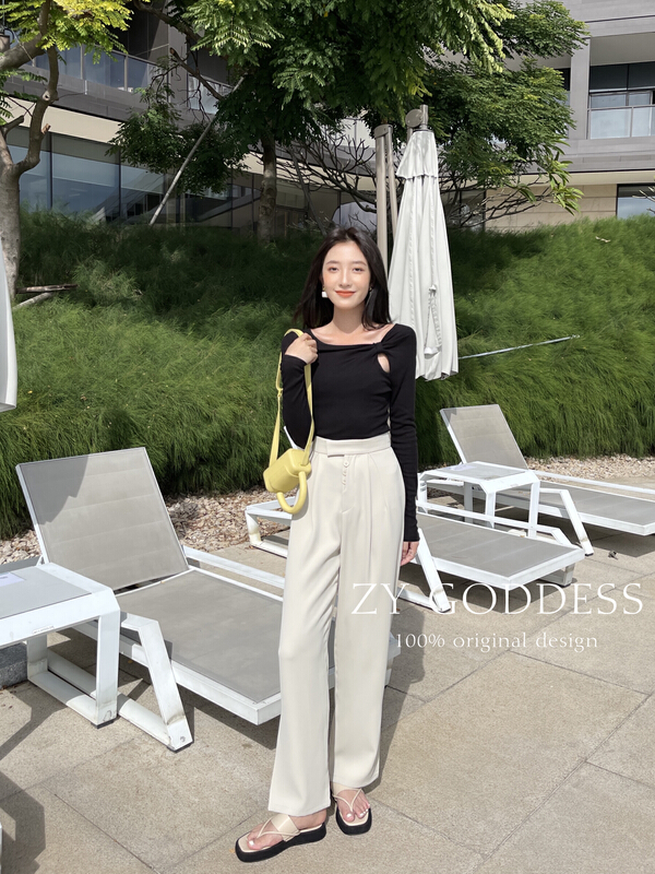 [ZY] original design minimalist high-level side buckle drape High Waist Wide Leg Pants 58039\ozq