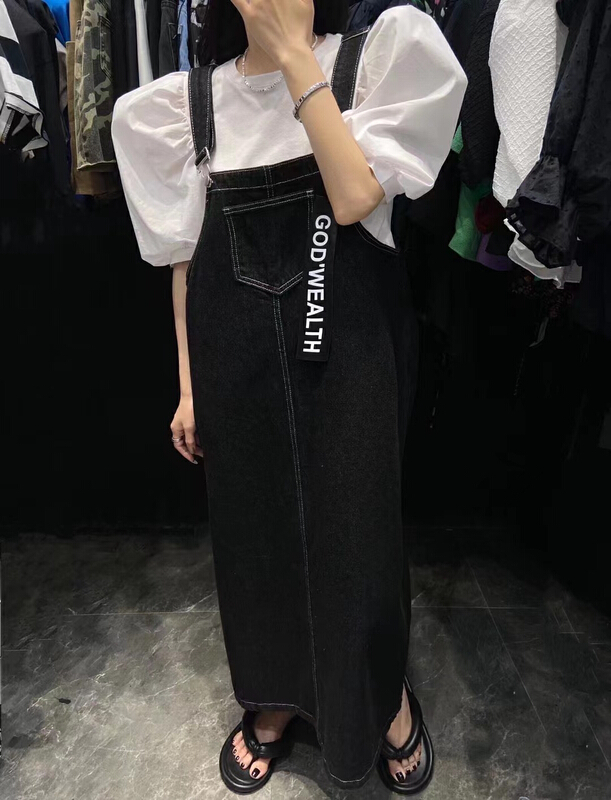 [MI] Korean fashion wash jeans suspenders + bubble sleeve blouse set 9663\pcz