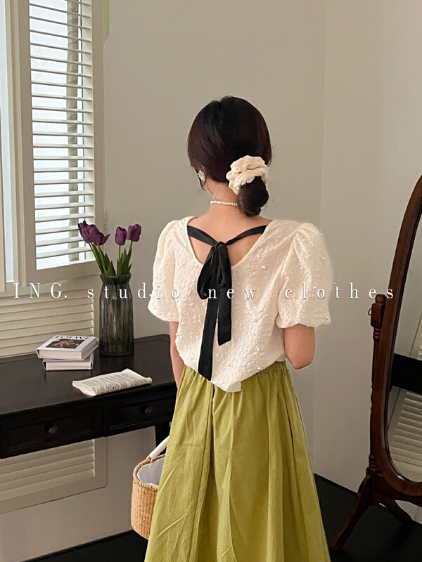 [ing] Korean gentle aging temperament small shirt pearl stitched backless design top 7847