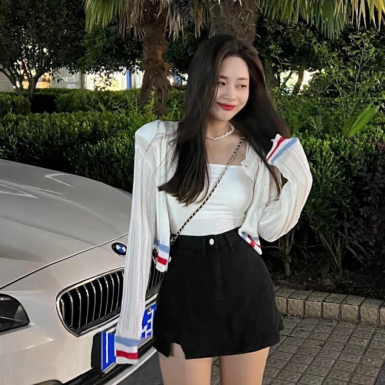 [c.h.z] V-neck stripe versatile knitted cardigan 007723\wtt