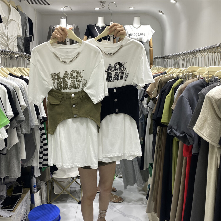 [top] leisure medium long letter printed short sleeve T-shirt + niche chic design waist cover set 9255\zjy