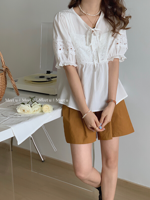 [meetu] Korean bow age reducing lace blouse 22386\hbx