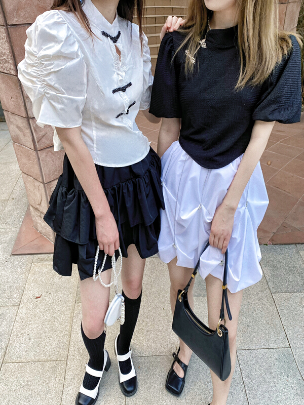 In early summer! [twins] sense of design stand collar Chinese style bubble sleeve lace blouse 8071\hjy