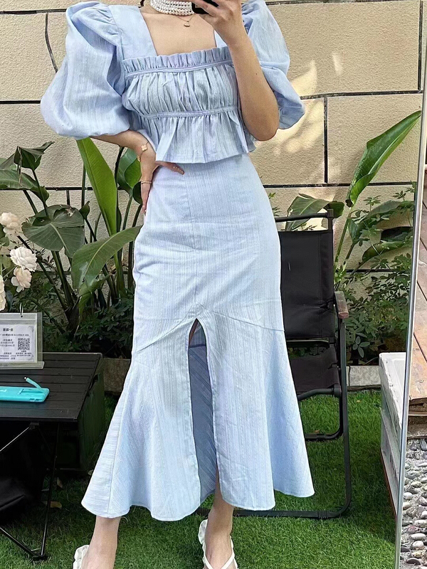 [MI] square neck shirt + slit fishtail skirt suit 9761\pcz