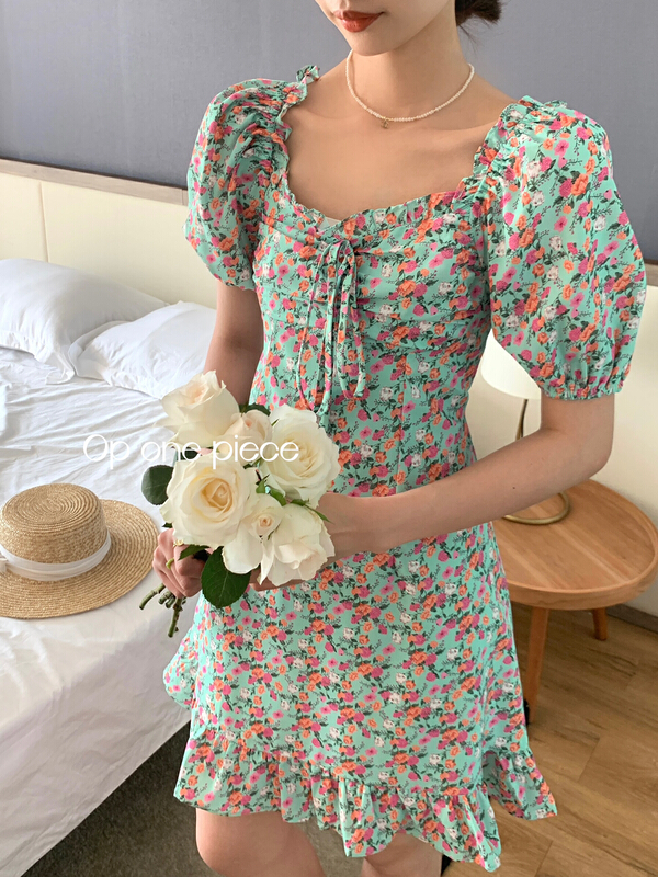 [OP one piece] Korean floral Square Neck Lace Up Dress a3072\hjy
