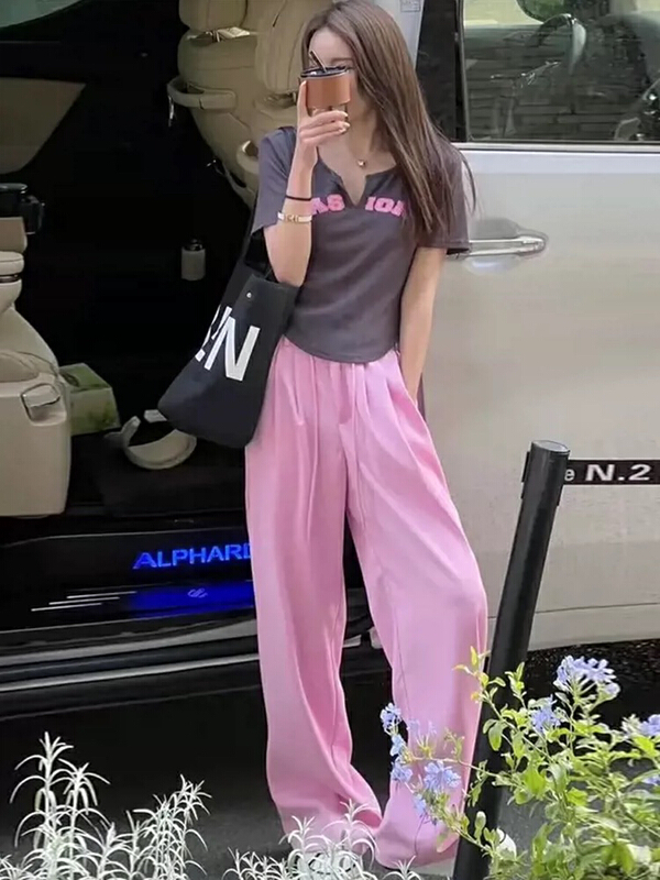 In early summer! [jun.t] small V-neck short sleeve knitted T-shirt + high-grade back elastic suit pants set 5825\pcz