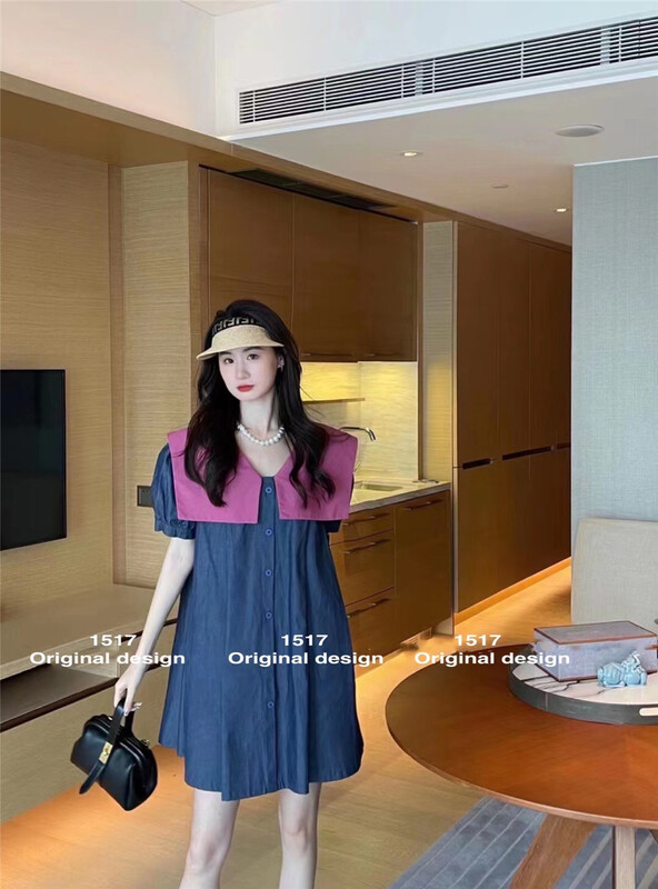[1517] large lapel button check loose dress 986\zjy