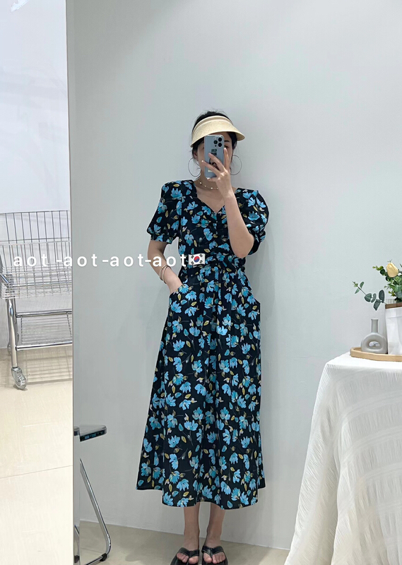 [AOT] Korean print bubble sleeve slim dress 7773\y