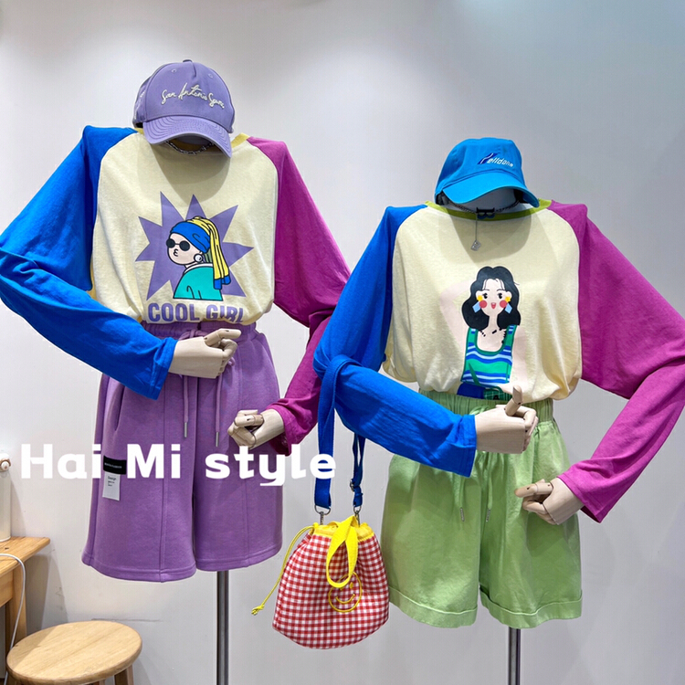 [Helmi] Korean version design, splicing and color contrast girls' printed sunscreen shirt (only selling sunscreen shirts) 1925\t