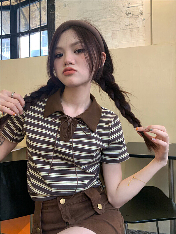 [wgwe] contrast Polo neck stripe slim short sleeve T-shirt 1746\pcz