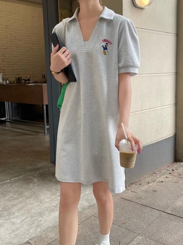 [feeding] cartoon embroidery Polo neck loose casual T-shirt dress 7923-j7\cls