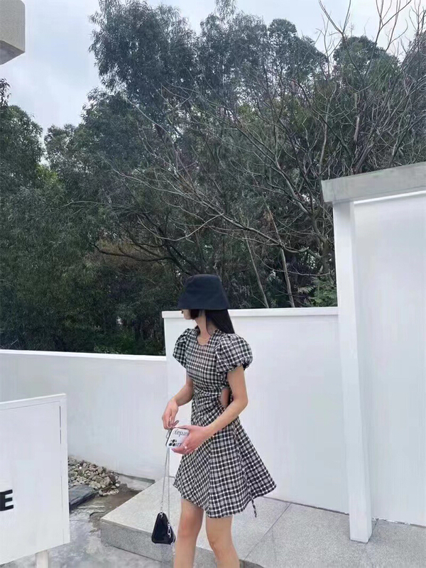 [mi ni] Plaid leak waist short dress 1235\pcz