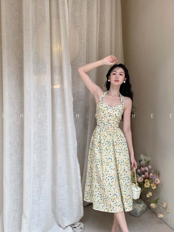 [xiuxixi] French elegant and unique Halter design floral dress 8127\jhy