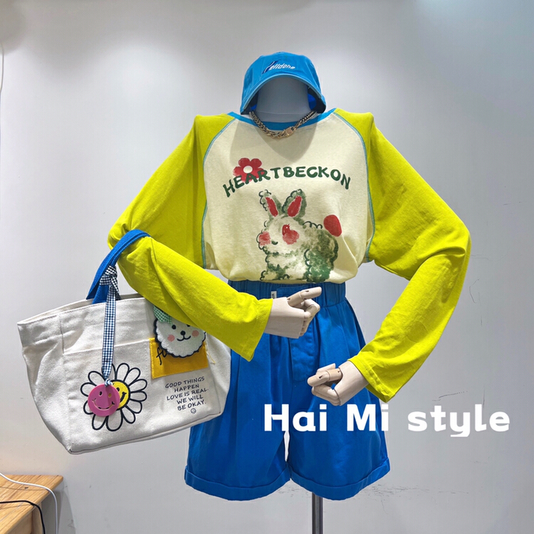 [Haimi] Korean mosaic color contrast hand printed loose sun shirt (excluding matching) 1913\t