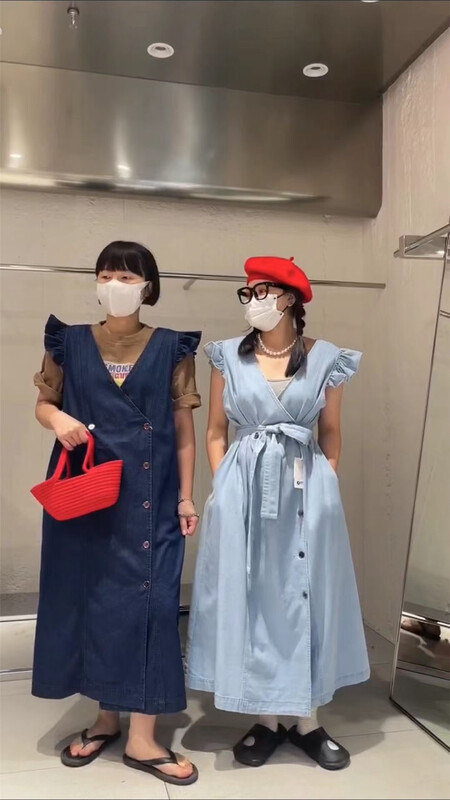 [hongniuniu] Korean casual double breasted V-neck denim dress (with belt) 35492\xyy