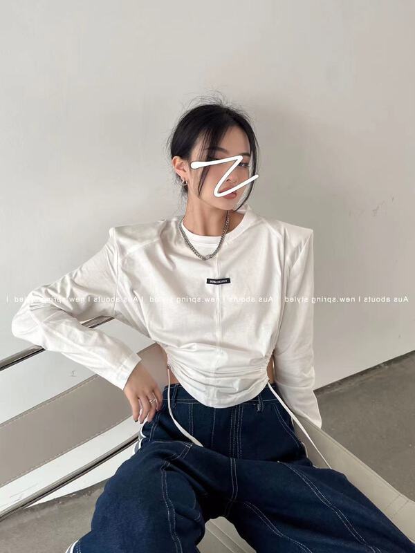 [aus] fashion drawcord cut out versatile long sleeve T-shirt w007\lsw