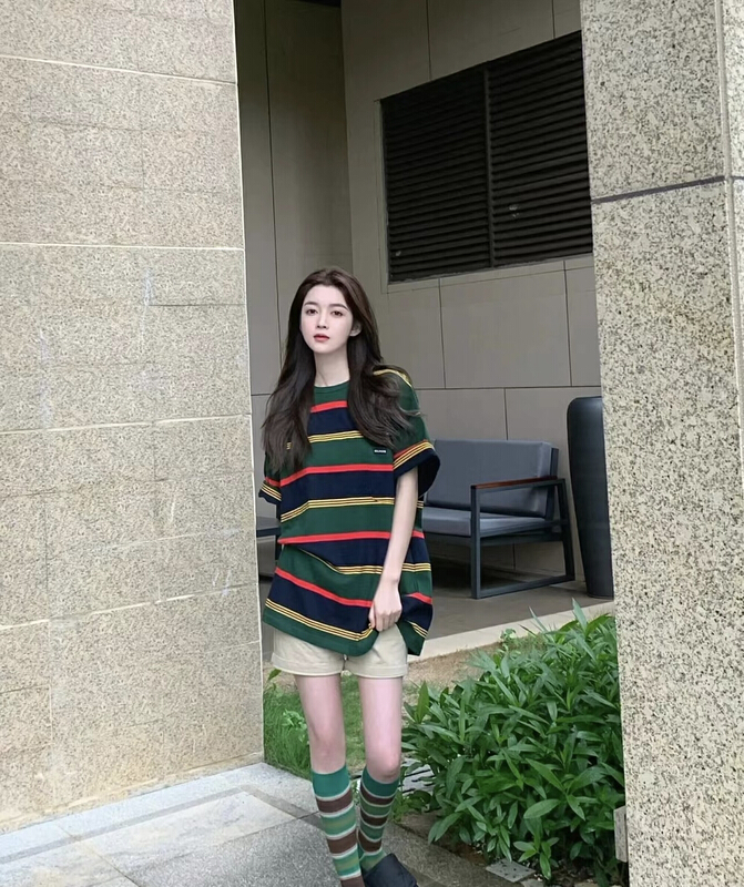 [kakamee] American fashion brand retro stripe Street short sleeve T-shirt with pocket 5028
