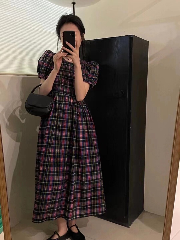 [larti] Bubble Sleeve Plaid lady dress 8681\ll