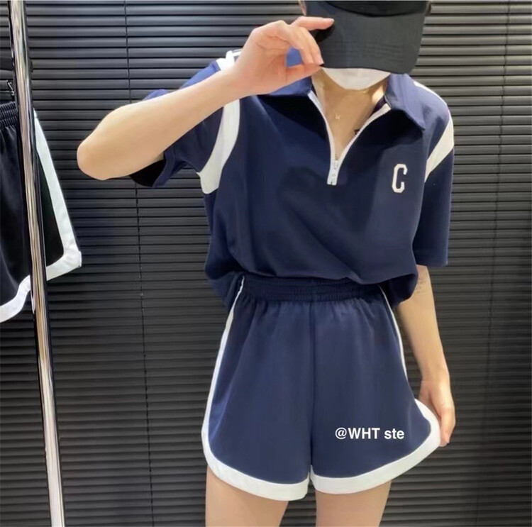 [wht] Korean color blocking Pullover short sleeve T-shirt + elastic waist versatile Shorts Set 5058\wtt