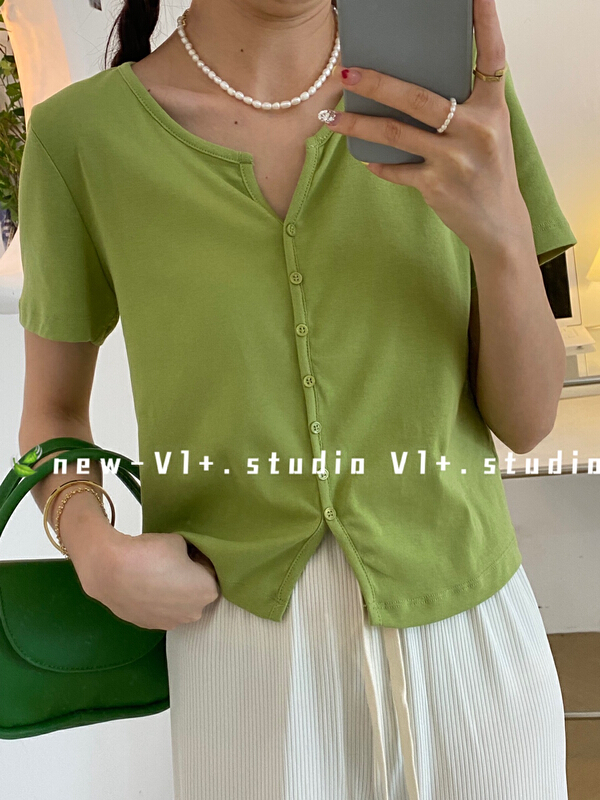 [vi+] Korean V-neck short sleeve T-shirt 2628\lsw