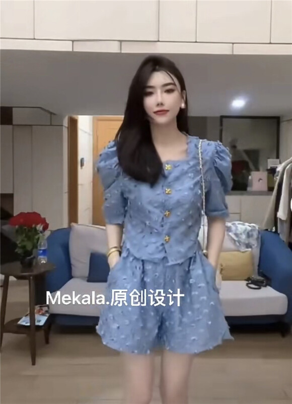 [Mikala] bubble sleeve single breasted shirt + comfortable casual pants set 1018\pcz