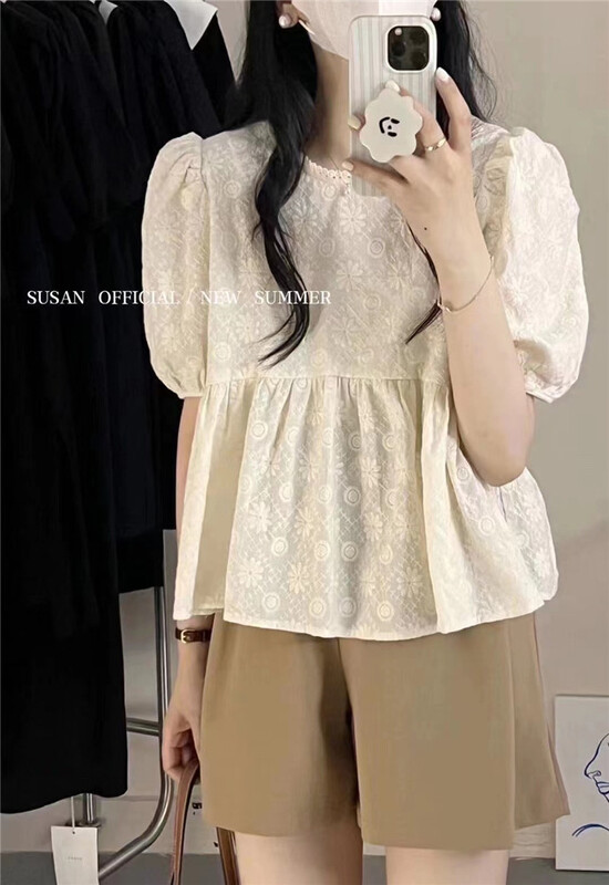 【 Susan 】 round neck embroidered bubble sleeve shirt 18958\lsw