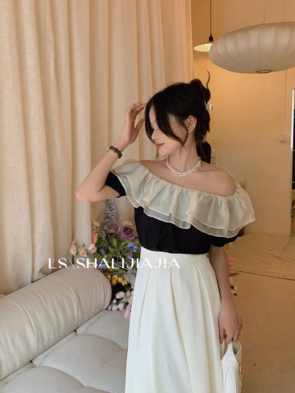 [LS] French color blocking Ruffle off shoulder shirt 9666\jhy