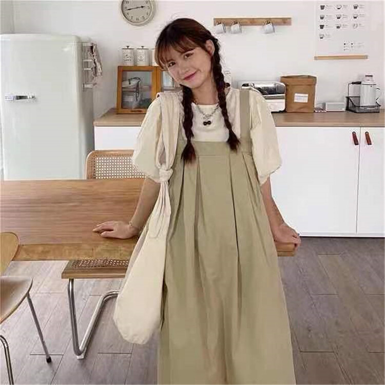 [Xiangli] simple and versatile short sleeve T-shirt + loose fashion strap skirt set 985\pcz